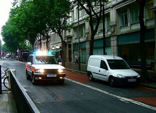 An emergency services vehicle speeds down Kingsway, not far from the Russell Square explosion